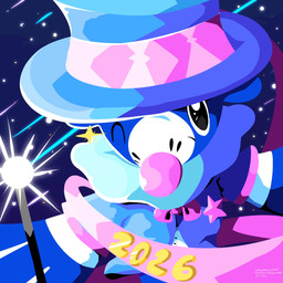 ambiguous_gender black_eyes blue_body bow_tie clothing cosmic_background feral hat headgear headwear holidays looking_at_viewer markings one_eye_closed solo sparkler sparkles star starry_background top_hat whisker_markings sleepy_sealion new_year new_year_2026 nintendo pokemon generation_7_pokemon pokemon_(species) popplio 1:1 2025 absurd_res dated hi_res signature
