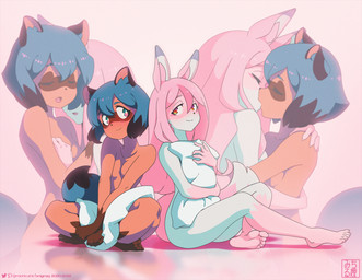 5_fingers 5_toes anthro blue_hair blush breasts brown_body brown_fur duo feet female female/female female_anthro fingers fur hair humanoid_feet kiss_on_lips kissing nude pink_body pink_fur pink_hair plantigrade romantic romantic_couple soles toes enigma_(artist) brand_new_animal studio_trigger michiru_kagemori nazuna_hiwatashi canid canine fox mammal raccoon_dog tanuki alternate_version_at_source digital_media_(artwork) hi_res