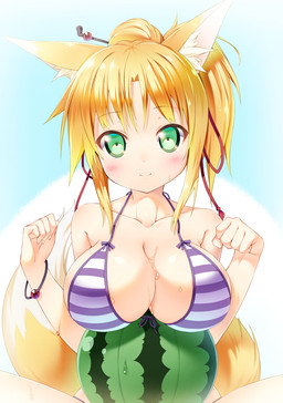 accessory bare_shoulders big_breasts bikini blonde_hair blush bottomwear bra bracelet breast_rest breasts cleavage clothed clothing collarbone female food fruit green_eyes hair hair_accessory jewelry looking_at_viewer melon on_food pattern_bottomwear pattern_clothing pattern_topwear paw_pose plant ponytail pose side_boob smile solo striped_bottomwear striped_clothing striped_topwear stripes swimwear tail tight_clothing topwear two-piece_swimsuit underwear watermelon wet ichi_makoto dog_days yukikaze_panettone animal_humanoid cat_humanoid felid felid_humanoid feline feline_humanoid humanoid mammal mammal_humanoid half-length_portrait hi_res portrait