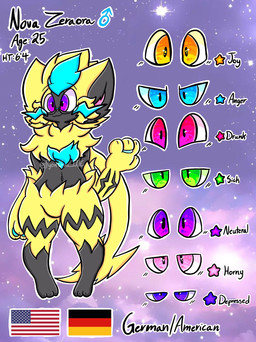 anthro black_body blue_eyes fur green_eyes male navel orange_eyes pink_eyes purple_eyes ring solo star text yellow_body yellow_fur lewdchuu nintendo pokemon nova_(lewdchuu) generation_7_pokemon legendary_pokemon pokemon_(species) zeraora english_text hi_res model_sheet