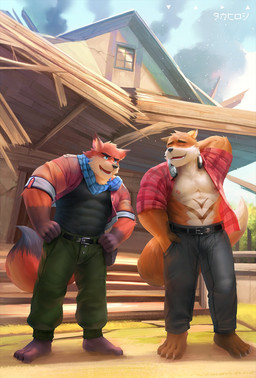 4_toes abdominal_markings abs anthro barazoku barefoot belt black_belt black_body black_bottomwear black_clothing black_fur black_pants black_shirt black_tail_tip black_topwear blue_eyes blue_scarf bottomwear brown_body brown_fur brown_markings building claws clothed clothing destroyed_building dipstick_tail duo electronics eyes_closed feet forest fur gloves_(marking) grass green_bottomwear green_clothing green_pants hand_behind_head headphones headphones_around_neck house leg_markings male male/male markings multicolored_body multicolored_fur muscular muscular_anthro muscular_male nipples open_clothing open_shirt open_topwear orange_body orange_fur outside pants pattern_clothing pattern_shirt pattern_topwear pecs plaid plaid_clothing plaid_shirt plaid_topwear plant red_body red_clothing red_fur red_shirt red_topwear scarf shirt smoke socks_(marking) standing tail tail_markings toe_claws toes topwear tree two_tone_body two_tone_fur wood takahirosi aj_the_fox ken_miller_(kevzyp) canid canine fox mammal red_fox true_fox 2018 hi_res