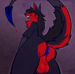 anthro anus balls big_anus big_balls black_body black_fur black_sclera blade blood bodily_fluids butt fangs fur genitals grey_body grey_fur grin hair huge_anus hyper hyper_anus male markings puffy_anus raised_tail rear_view red_body red_eyes red_fur simple_background smile solo tail tail_blade teeth teeth_showing weapon_tail whisker_markings whisker_spots whiskers tailtufts kage canid canine canis chimera hybrid mammal wolf digital_drawing_(artwork) digital_media_(artwork) hi_res signature watermark