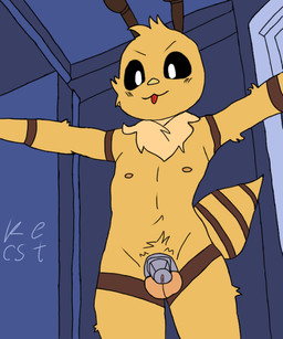 anthro balls black_sclera chastity_device chastity_device_only genitals male nude nude_male solo student tongue tongue_out wearing_chastity_device white_eyes young young_male kecst arthropod bee hymenopteran insect 5:6