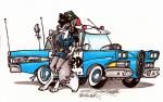 anthro big_breasts breasts car claws clothing female motor_vehicle paws police police_car police_vehicle purple_eyes solo vehicle vintage_car sketchywolf-13 edsel ford foxy_caine canid canine fox mammal traditional_media_(artwork)