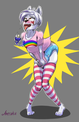 anthro aroused bodily_fluids clothed clothing cum diaper feces femboy fur genital_fluids hose legwear male pacifier pattern_clothing pattern_legwear pattern_stockings soiled_diaper soiling solo stockings striped_clothing striped_legwear striped_stockings stripes unclean_diaper urine used_diaper using_diaper wearing_diaper wet_diaper wetting wetting_diaper white_body white_fur arita_tian canid canine canis mammal absurd_res hi_res