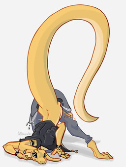 anthro ass_up belt big_tail black_eyeshadow bottomwear bracelet breasts clothing countershading denim denim_bottomwear denim_clothing eyelashes eyeshadow female green_eyes grey_bottomwear grey_clothing grey_pants head_down huge_tail jack-o'_pose jacket jeans jewelry long_tail looking_at_viewer makeup mascara necklace non-mammal_breasts pants piercing pose ring scales snake_hood solo tail topwear torn_bottomwear torn_clothing torn_jeans torn_pants uncomfortable_pose yellow_body yellow_scales selfdestructking debra_(deltav) cobra reptile scalie snake absurd_res hi_res