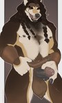 5_fingers anthro armor ball_tuft balls belt belt_only big_balls bodily_fluids bracers braided_hair brown_body brown_fur brown_hair claws ear_piercing erection finger_claws fingers foreskin fur genital_fluids genitals hair holding_belt holding_object holding_penis humanoid_genitalia humanoid_hands humanoid_penis leather leather_bracers licking licking_lips long_hair male mostly_nude muscular muscular_anthro muscular_male nipples nude penis penis_grab piercing precum precum_on_hand scar solo standing teeth tongue tongue_out tuft vein veiny_penis viking bambii_dog fenris_svartulf canid canine canis mammal wolf 2021 3:5 digital_media_(artwork) flat_colors hi_res portrait three-quarter_portrait