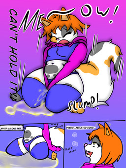 anthro bladder_bulge bodily_fluids breasts breath clothing cropped_sweater eyes_closed female female_anthro genital_fluids gradient_background grey_body hair kneeling leg_warmers legwear markings omorashi open_mouth orange_body orange_hair panties panting peeing simple_background skull_panties skull_print spots spotted_body tail text underwear urine urine_pool wetting white_body willing_omorashi yellow_eyes yozothescribe candi_(yozothescribe) calico_cat domestic_cat felid feline felis mammal 3:4 comic english_text