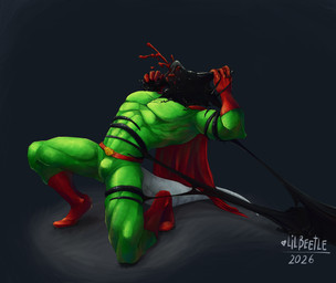 anthro blood bodily_fluids clothed clothing gore male muscular muscular_male slime solo superhero tail lil_beetle mythology dragon mythological_creature mythological_scalie scalie hi_res