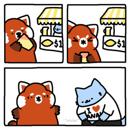 3_panel_comic ambiguous_gender anthro beverage blue_body blue_fur bottomwear clothed clothing container cup dot_eyes drinking duo eyes_closed fur humor imminent_oral imminent_sex lemonade male mouth_closed multicolored_body multicolored_fur pants red_body red_fur shirt simple_background simple_eyes t-shirt tail text text_on_clothing text_on_topwear topwear unzipped white_background white_body white_fur zipper nubcat blue_cat_(nubcat) ailurid domestic_cat felid feline felis mammal red_panda 1:1 comic english_text