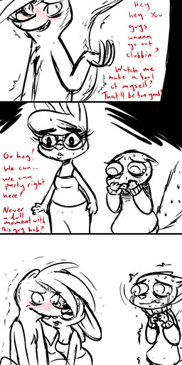 anthro blush bodily_fluids chest_tuft claws clothed clothing crying cute_fangs dialogue drunk eyewear fangs feels female glasses group male profanity sad simple_background substance_intoxication sweat tears teeth text tuft white_background inkyfrog disney zootopia fan_character hugh_muskroura maxine_d'lapin percy_vison european_polecat lagomorph leporid mammal mephitid mustelid musteline rabbit skunk true_musteline weasel 2016 absurd_res comic english_text hi_res long_image tall_image