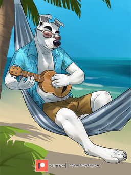 anthro beach black_nose bottomwear claws clothed clothing ear_piercing eyewear floppy_ears fur gauged_ear hammock looking_down lounging lute male musical_instrument open_clothing open_shirt open_topwear outside palm_tree patreon_logo patreon_username piercing plant playing_music plucked_string_instrument sand seaside shirt shorts sky solo string_instrument sunglasses tattoo text topwear tree ukulele water white_body white_fur eclipticafusion animal_crossing nintendo patreon k.k._slider canid canine canis domestic_dog mammal 2020 3:4 english_text hi_res