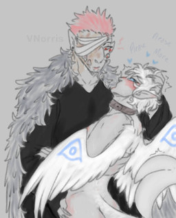 4_arms after_kiss bandage bandage_on_face begging black_clothing black_markings blue_eyes blue_text blush bodily_fluids clothing collar collar_only duo ear_piercing eye_patterns feather_clothing feathers hair hand_in_hair hand_on_arm hand_on_back hand_on_hip heart_symbol male male/male markings multi_arm multi_limb nude piercing pink_hair pointy_ears red_eyes saliva saliva_string size_difference sweat text touching_hair tremble_lines white_body white_feathers white_hair white_wings wings puppetmaster13uwu gojo_satoru sukuna_(jujutsu_kaisen) animal_humanoid cetacean cetacean_humanoid humanoid mammal marine marine_humanoid winged_humanoid sketch