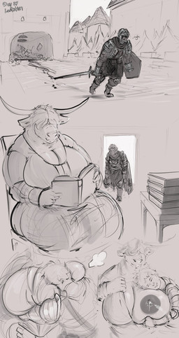 5_fingers anthro armor big_breasts bodily_fluids book breasts building chair clothed clothing duo female fingers fur furniture hair holding_object horn huge_breasts hugging_breast lactating larger_anthro larger_female male male/female melee_weapon nipples reading robe shield sitting size_difference smaller_human smaller_male sword table walking weapon doctordj bovid bovine cattle human mammal absurd_res hi_res