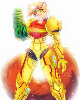 anthro arm_cannon armor bloom cosplay female glowing looking_at_viewer power_suit simple_background smile solo weapon yellow_armor kiliankuro metroid nintendo samus_aran varia felid mammal 2019 digital_media_(artwork) signature