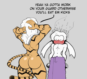anthro big_butt blush bubble_butt bulge butt detailed_bulge dialogue duo erection femboy flashing flashing_penis genital_outline male muscular muscular_male nude penis_outline tail text thick_thighs towel towel_only boxx_wrench claude_(boxx_wrench) cooper_(boxx_wrench) felid humanoid lagomorph leporid mammal pantherine rabbit tiger english_text hi_res