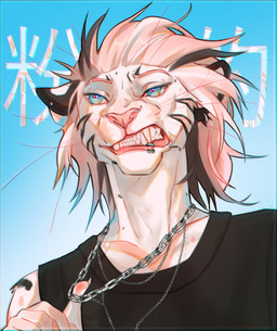 ambiguous_gender anthro bared_teeth black_clothing black_hair black_topwear blue_eyes clothed clothing ear_piercing ear_ring ear_stud facial_piercing fangs front_view glistening glistening_eyes hair jewelry lip_piercing lip_ring narrowed_eyes necklace piercing pink_hair pink_nose ring_piercing solo teeth topwear whiskers blackscour felid mammal hi_res