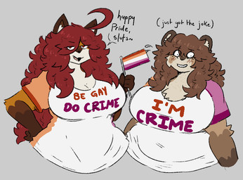 ahoge anthro belly big_breasts blush breasts brown_hair clothed clothing curvy_figure duo female female/female flag fur hair lesbian_pride_colors lgbt_pride long_hair matching_outfits orange_lesbian_pride_colors overweight overweight_female pride_color_flag pride_colors red_eyes red_hair simple_background smile text wide_hips mexifurfoof be_gay_do_crimes lgbt_pride_month lucy_(mexifurfoof) maple_(mexifurfoof) canid canine felid fox lion mammal pantherine 2025 digital_drawing_(artwork) digital_media_(artwork) english_text