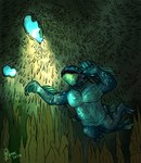 anthro cavern gills male multi_limb nude open_mouth perspective_shot prompt raking_light solo stalactite swimming teeth underwater water yenocwolf coelacanth fish lobe-finned_fish marine absurd_res hi_res