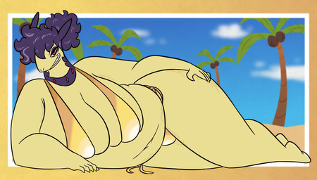 anthro beach belly_overhang big_breasts breasts female fur hair huge_thighs lying on_side overweight overweight_female palm_tree pink_eyes plant ponytail purple_body purple_fur slightly_chubby solo stretch_marks thick_thighs tree wide_hips yellow_body yellow_fur nerdyreindeer golden_week nintendo pokemon aversa_(nerdyreindeer) generation_8_pokemon hisuian_form hisuian_typhlosion pokemon_(species) regional_form_(pokemon) hi_res