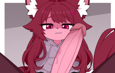 accessory ambiguous_gender anthro bodily_fluids brown_hair clothed clothing erection fully_clothed fully_retracted_foreskin fur genital_fluids genitals gynomorph hair hair_accessory hairclip half-closed_eyes hoodie humanoid_genitalia humanoid_penis imminent_sex intersex leaking_precum long_hair long_penis narrowed_eyes penis pink_body pink_fur precum red_eyes red_hair simple_background smug topwear km-15 animal_humanoid felid felid_humanoid feline feline_humanoid humanoid mammal mammal_humanoid hi_res