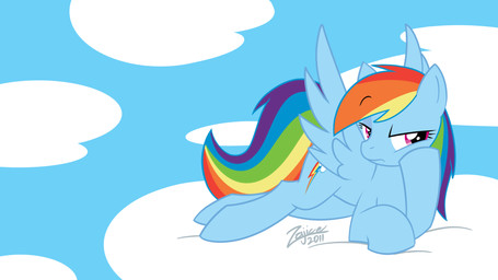 blue_body blue_feathers blue_fur bored cloud cutie_mark detailed_background eyelashes feathered_wings feathers female feral fur grumpy hair lying multicolored_hair multicolored_tail outside pink_eyes rainbow_hair rainbow_tail sky skyscape solo tail toony wings zajice friendship_is_magic hasbro my_little_pony mythology rainbow_dash_(mlp) equid equine mammal mythological_creature mythological_equine pegasus 16:9 hi_res wallpaper widescreen