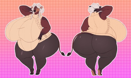 2_horns anthro belly big_belly big_breasts big_butt breasts brown_body butt clothed clothed_anthro clothed_female clothing ear_piercing elderly_anthro elderly_female female female_anthro front_view gradient_background hand_behind_head horn huge_breasts huge_butt hyper leggings legwear looking_at_viewer overweight overweight_anthro overweight_female piercing rear_view simple_background smile solo standing sweater tail thick_thighs topwear wide_hips vintagart hazel_(noeticred) bovid bovine cattle mammal hi_res model_sheet