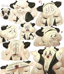 4_eyes accessory anthro bangs black_clothing black_dress black_horn bodily_fluids braided_hair clothed clothed_anthro clothed_female clothing confusion dress drooling duo face_squish female fingers hair hair_accessory hair_tie hand_on_head heart_symbol holding_face horn hungry multi_eye multi_mouth open_mouth open_smile pigtails saliva simple_background smile solo_focus squish teeth text tied_hair tired_eyes topwear twin_braids white_background white_body white_clothing white_hair white_skin wafferscotch mist_(wafferscotch) monster english_text hi_res