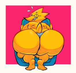 anthro beady_eyes big_butt blush bodily_fluids butt cellulite chair clothed clothing eyewear female flying_sweatdrops foreshortening furniture glasses huge_butt huge_hips leaning leaning_forward leaning_on_object looking_at_viewer looking_back looking_back_at_viewer love_handles overbite overweight overweight_anthro overweight_female presenting presenting_hindquarters rear_view scales sharp_teeth short_tail simple_background skimpy solo sweat sweatdrop tail teeth thick_tail thick_thighs thong topless underwear wide_hips yellow_body yellow_scales nondelismell undertale undertale_(series) alphys lizard reptile scalie hi_res