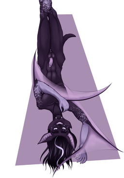 anthro balls black_hair blind disability frenum_piercing fur genital_piercing genitals hair hanging_upside_down humanoid_genitalia humanoid_penis male nude penis penis_piercing piercing pose purple_body purple_fur purple_penis scrotum_piercing skinny solo upside_down wings angelohoshi bat leaf-nosed_bat mammal microbat vampire_bat yangochiropteran absurd_res hi_res pinup