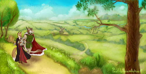 anthro antlers claws clothing crown digitigrade digitigrade_footwear duo female field finger_claws footwear furgonomic_footwear furgonomics gown green_eyes headgear hill horn jewelry landscape male male/female mane mantle medieval muscular muscular_male open_mouth outside paws pendant plant prince reading royalty scroll shoes sky tail tail_tuft toe_claws toeless_footwear tree tuft walking windmill paxvibiscumastras mythology tales_from_valmeridia prince_borgon silva_vernalis canid canine dragon fox mammal mythological_creature mythological_scalie scalie absurd_res full-length_portrait hi_res portrait