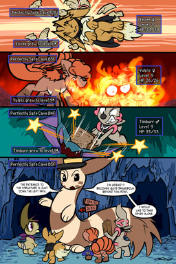 4_panel_comic ambiguous_gender attack bandage biped black_cape black_clothing black_nose black_text breath_powers brown_body brown_fur brown_hair cape cave clothing dialogue elemental_manipulation exclamation_point eyes_closed eyewear feral fingers fire fire_breathing fire_manipulation fluffy fluffy_tail fur gameplay_mechanics group hair hat headbutt headgear headwear holding_object larger_ambiguous level_up looking_at_another male monocle mouth_closed multi_tail open_mouth paws pupils purple_eyes purple_scarf quadruped scarf sharp_teeth size_difference smaller_ambiguous speech_bubble standing tail talking_to_another teeth text text_box tongue top_hat white_sclera white_text virmir nintendo pokemon pokemon_mystery_dungeon spike_chunsoft sierra_(virmir) twobyfour_(virmir) virmir_(character) zinc_(zincxiron) axew baltoy eevee furret generation_1_pokemon generation_2_pokemon generation_3_pokemon generation_5_pokemon humanoid pokemon_(species) tangela timburr vulpix zubat 2026 2:3 absurd_res comic english_text hi_res female_(lore) male_(lore)