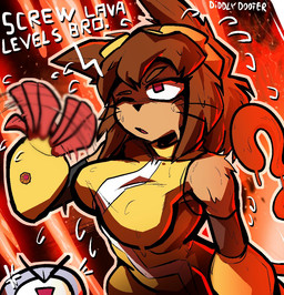 animal_ears anthro arm_warmers armor armwear big_breasts bodily_fluids bodysuit breasts brown_body brown_fur brown_hair clothing cross-popping_vein duo excessive_sweat eyewear eyewear_on_head fanning fanning_self female flying_sweatdrops fur furrowed_eyebrows gauntlets gloves goggles goggles_on_head hair handwear lava machine male one_eye_closed red_eyes short_hair simple_background skinsuit snout sweat sweatdrop tail text thick_thighs tight_clothing topwear video_game_reference white_text wide_hips yellow_bodysuit yellow_clothing yellow_skinsuit yellow_topwear diddlydooter1 gameoverse glitch_productions kaboodle_(gameoverse) kit_bodega cyclops digital_creature felid feline mammal robot unknown_species waddling_head 2026 artist_name digital_drawing_(artwork) digital_media_(artwork) signature