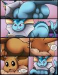 2016 3_fingers absurd_res anus backsack balls big_balls big_butt black_border black_nose blue_balls blue_body blue_perineum book border brown_balls brown_body brown_eyes brown_fur butt casual_nudity comic dialogue digital_media_(artwork) duo eevee eeveelution english_text fan_character fangs feral fingers frill_(anatomy) front_view fur generation_1_pokemon genitals hi_res inner_ear_fluff inside karma_(kuroodod) kuroodod male male/male mammal membrane_(anatomy) membranous_frill neck_tuft nintendo no_sclera nude open_mouth oversexed_eeveelutions paws perineum pink_tongue pokemon pokemon_(species) purple_eyes rear_view sam_(kuroodod) shadow simple_background smile snout speech_bubble tail tail_motion tailwag teeth text tongue tuft vaporeon yellow_membrane