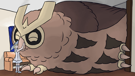 ambiguous_gender closed_beak cramped duo extreme_size_difference eyes_closed female feral fluffy furniture happy hug hugging_another inside larger_ambiguous larger_feral lying macro on_front room_filling size_difference smaller_female smaller_human smile sofa standing nacht_uil nintendo pokemon lillie_(pokemon) avian bird generation_2_pokemon human mammal noctowl owl pokemon_(species) 16:9 2023 4k absurd_res digital_media_(artwork) digital_painting_(artwork) hi_res painting_(artwork) widescreen