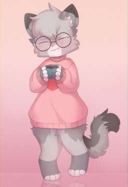 anthro beverage bottomless chibi clothed clothing coffee coffee_mug container cup eyes_closed eyewear feet femboy fur glasses gradient_background grey_body grey_fur grey_hair hair happy hindpaw holding_coffee_mug male paws pink_clothing pink_sweater pink_topwear round_glasses simple_background smile solo sweater topwear turtleneck pervenche nixuelle domestic_cat egyptian_mau felid feline felis mammal digital_media_(artwork) hi_res shaded