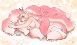 9_tails accessory anthro blush breasts cherry_blossom colored_nails exposed_shoulder female flower fluffy fur hair hair_accessory hair_bun hair_sticks lying markings multi_tail multicolored_tail nails nipples on_side on_tail petals pink_body pink_fur pink_nose plant prunus_(flower) puffy_nipples sleeping solo spots spotted_body spotted_fur tail tan_body tan_fur tan_hair tuft ais05 asian_mythology east_asian_mythology japanese_mythology mythology nintendo pokemon sasha_valiski canid canine fox generation_1_pokemon mammal ninetales pokemon_(species)