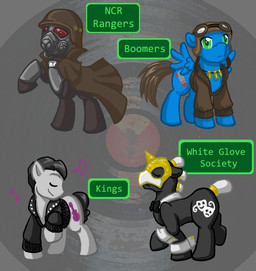 ambiguous_gender armor black_clothing black_hair blue_body blue_fur boomers_(fallout) brown_clothing clothed clothed_feral clothing coat eyes_closed feral fur gas_mask green_eyes grey_body grey_fur group hair headgear helmet leather leather_armor leather_clothing male mask military_uniform ncr_ranger_(fallout) necktie new_california_republic new_vegas ponification text the_kings_(fallout) topwear trenchcoat uniform white_clothing white_glove_society_(fallout) wings mel-the-shadow-lover fallout hasbro microsoft my_little_pony mythology earth_pony equid equine horse mammal mythological_creature mythological_equine pegasus pony 2011 crossover digital_media_(artwork) english_text