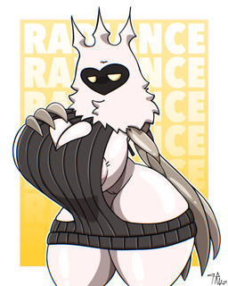 anthro areola areola_slip big_breasts biped black_text breasts clothed clothing female genitals gradient_background hand_on_breast huge_thighs mature_female non-mammal_breasts simple_background solo standing sweater text thick_thighs topwear virgin_killer_sweater vulva white_background white_body white_text forsakenedbread hollow_knight_(franchise) meme_clothing team_cherry radiance_(hollow_knight) arthropod humanoid insect lepidopteran moth 2024 4:5 absurd_res english_text hi_res meme signature