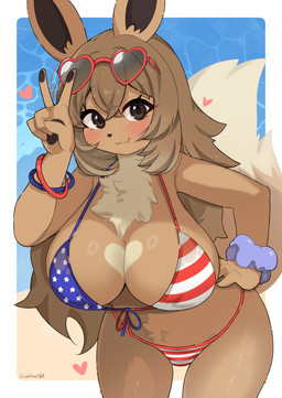 anthro big_breasts bikini blush breasts brown_body brown_fur clothed clothing female fur hair looking_at_viewer smile solo swimwear two-piece_swimsuit samhae nintendo pokemon canid eevee generation_1_pokemon mammal pokemon_(species) absurd_res hi_res