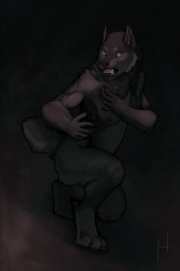 anthro black_body black_fur black_nose breasts cheek_tuft chest_tuft claws crouching dark facial_tuft fangs female fur hand_on_chest nipples nude simple_background snarling solo teal_eyes teeth toe_claws tuft howlitzer_(artist) mythology canid canine canis mammal mythological_canine mythological_creature werecanid werecanine werecreature werewolf wolf hi_res
