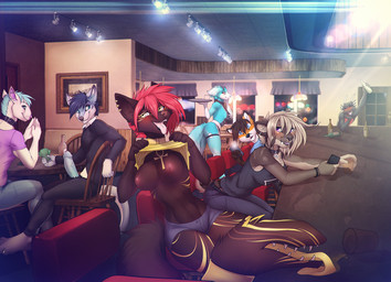 ankh anthro bar big_breasts big_penis blush breasts camera casual_exposure chest_tuft clothed clothing clothing_lift collar ear_piercing electronics erection exposed_breasts fangs female flashing fur genitals group horn humanoid_genitalia humanoid_penis looking_at_viewer male nipple_tape nipples partially_clothed pasties penis penis_poking_out phone piercing public public_exposure shirt shirt_lift sitting skimpy smile tail tail_mouth tape teeth tongue tongue_out topless topwear tuft unusual_anatomy unusual_tail f-r95 iskra mythology falla_(f-r95) nailah canid canine canis domestic_dog dragon felid fox mammal mythological_creature mythological_scalie prehistoric_species saber-toothed_tiger scalie unknown_species artist_collaboration digital_media_(artwork) hi_res shaded