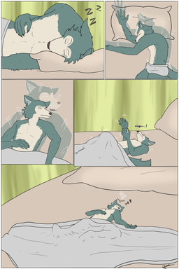 bed bottomwear briefs briefs_only clothed clothing fur furniture grey_body grey_fur male micro on_bed shrinking shrinking_out_of_clothes size_transformation sleeping solo topless transformation unaware_transformation underwear underwear_only guishadow beastars legoshi_(beastars) canid canine canis mammal 2:3 absurd_res comic hi_res