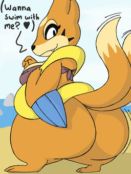 anthro beach big_breasts big_butt biped black_nose bottomless bra breasts butt clothed clothing feet female fingers fur heart_symbol huge_butt looking_at_viewer orange_body orange_fur outside question_mark seaside solo standing teeth text toes underwear maddeku nintendo pokemon floatzel generation_4_pokemon pokemon_(species) 2015 3:4 english_text hi_res
