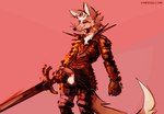 anthro armor balls biped bodily_fluids breastplate dripping erection eyes_closed fur genital_fluids genitals holding_melee_weapon holding_object holding_sword holding_weapon humanoid_genitalia humanoid_penis male melee_weapon monotone_background pauldron penis precum precum_drip smile solo sword tan_body tan_fur text weapon white_balls white_body white_fur lawyerdog dark_souls fromsoftware maki_(lawyerdog) canid canine mammal maned_wolf 2024 digital_media_(artwork) url