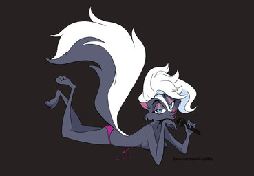 anthro blue_eyes breasts clothed clothing electronics female hair lying markings microphone on_front side_boob solo striped_markings striped_tail stripes tail tail_markings topless white_hair sharpdressedreptile courtney_brushmarke mammal mephitid skunk striped_skunk