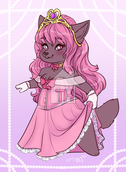 anthro blush brown_body brown_fur brown_tail chibi clothed clothing dress eyelashes female fur hair pink_clothing pink_dress pink_eyes pink_hair simple_background solo standing tail tiggybloom canid mammal 2019 full-length_portrait portrait signature watermark