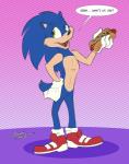 anthro biped chilli_dog clothing dialogue food footwear gloves green_eyes handwear hot_dog male shoes solo text spotty_the_cheetah sega sonic_the_hedgehog_(series) sonic_the_hedgehog eulipotyphlan hedgehog mammal 2019 english_text hi_res