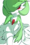 ambiguous_gender blush blush_lines green_pseudo_hair looking_at_viewer one_eye_obstructed pseudo_clothing pseudo_hair red_eyes simple_background white_body my_6633 nintendo pokemon gardevoir generation_3_pokemon humanoid pokemon_(species) 2024 hi_res signature