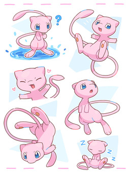 ambiguous_gender anthro blue_eyes emanata eyes_closed fangs featureless_crotch happy heart_symbol open_mouth pawpads paws pink_body question_mark simple_background sitting sleeping solo sound_effects tail teeth tongue vowelless vowelless_sound_effect water zzz nekogyo122 nintendo pokemon generation_1_pokemon legendary_pokemon mew_(pokemon) pokemon_(species) 2026 3:4 hi_res